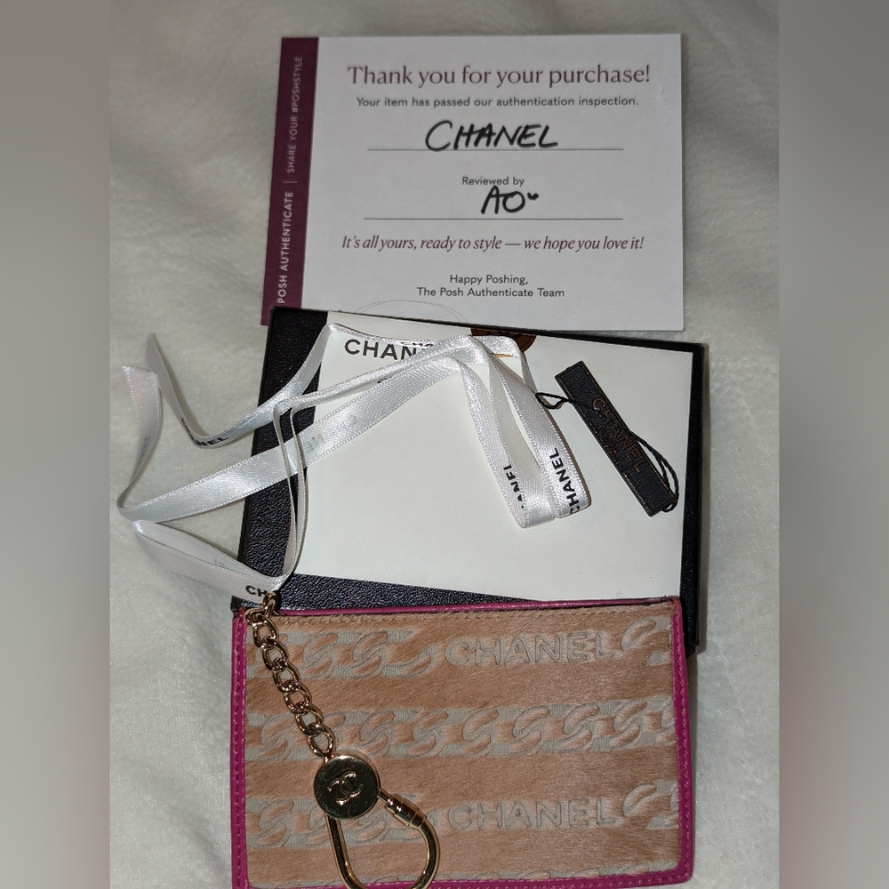 CHANEL Pony Hair Key Cles Card Holder with Box Beige Pink Rare VGUC - Picture 3 of 11